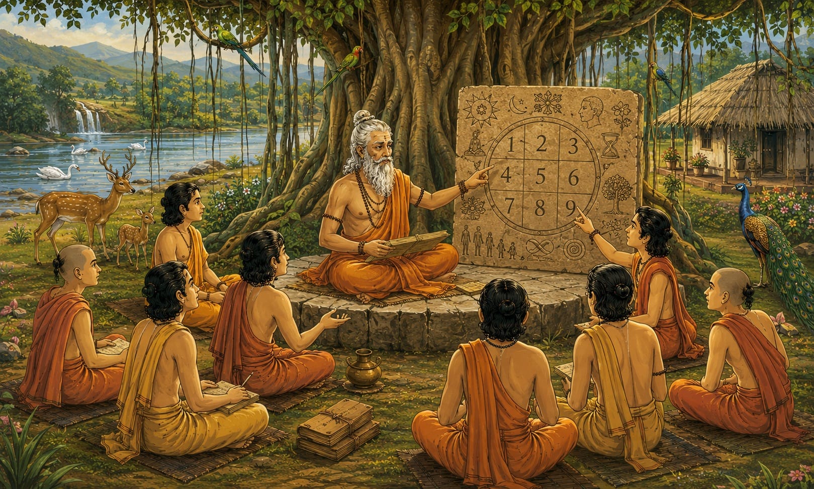 A painted scene of a teacher seated beneath a banyan tree with students around him, pointing to a stone tablet carved with the numbers one to nine in a three-by-three grid.